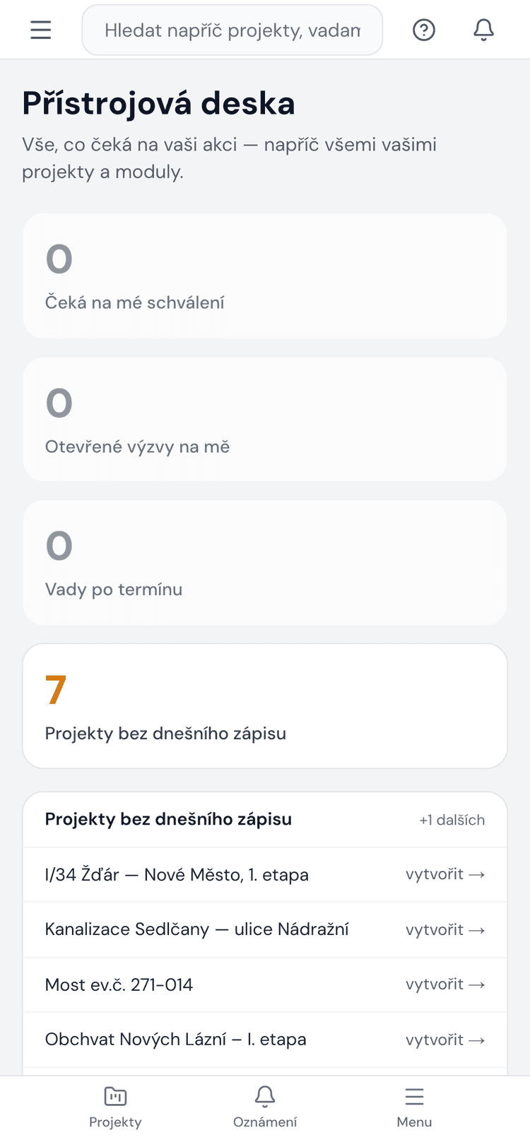 Přístrojová deska MaltAI na iPhonu s přehledem projektů bez dnešního zápisu